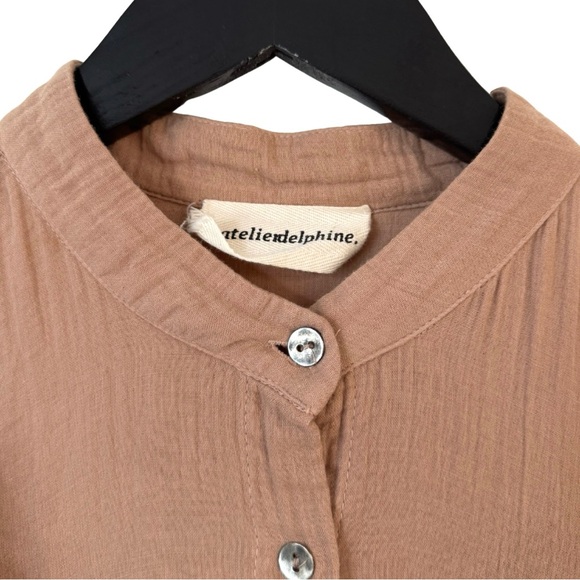 Atelier Delphine Fanny Dress Brushed Viscose Burro Brown Raw Hem Ruffle Bib - Picture 9 of 12